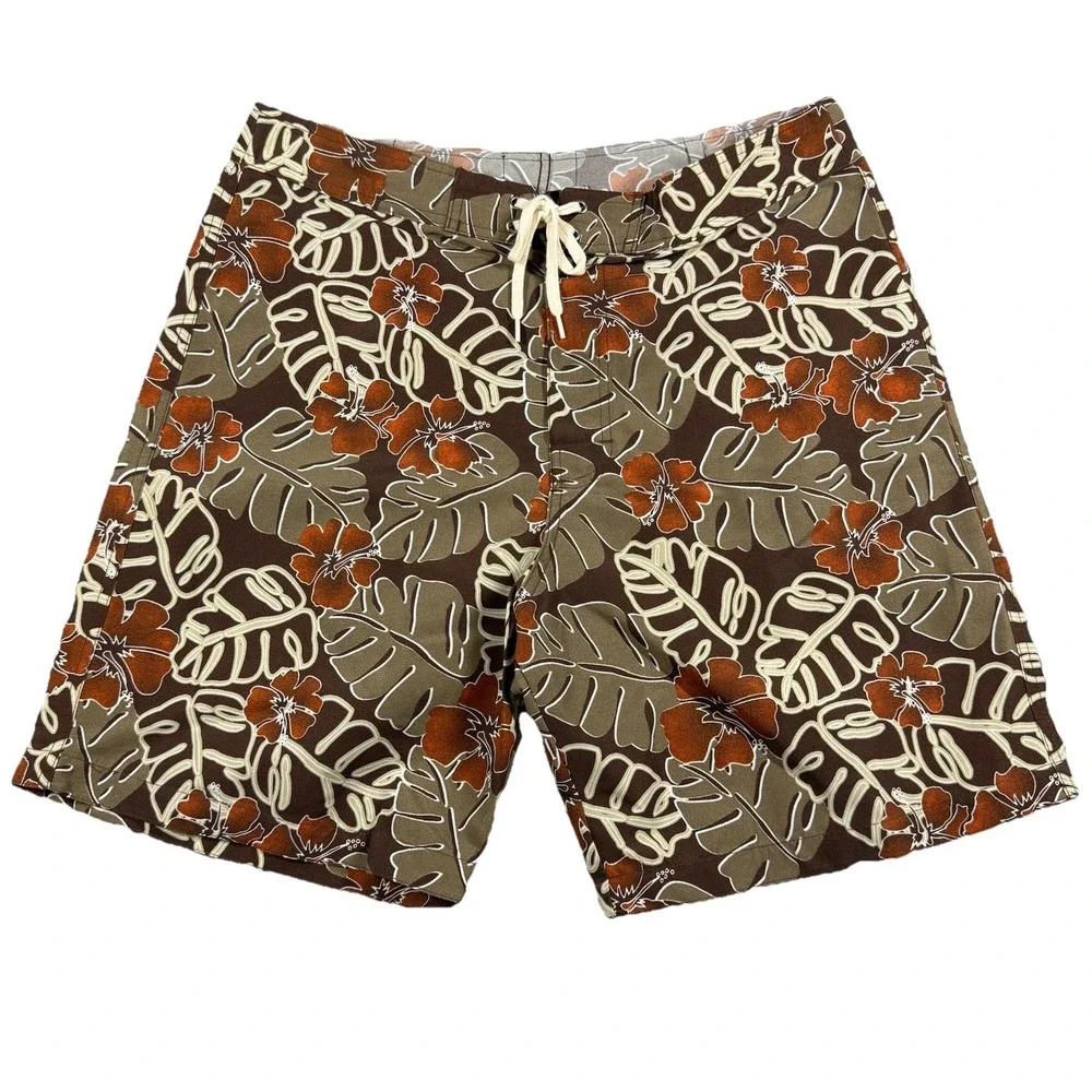 Toes on the‎ Nose Mens FloralPrint Boardshorts Trunks Size 36 brown Made In Usa